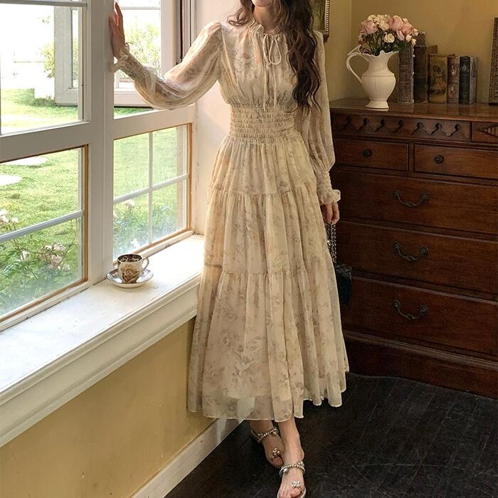 ワンピース ドレス 袖あり クラシカル 花柄 フラワー レディース エレガント きれいめ カジュアル ロング丈 マキシ丈 フリル シャーリング パフスリーブ 大人 可愛い 長袖 ハイウエスト Aライン 5,370円