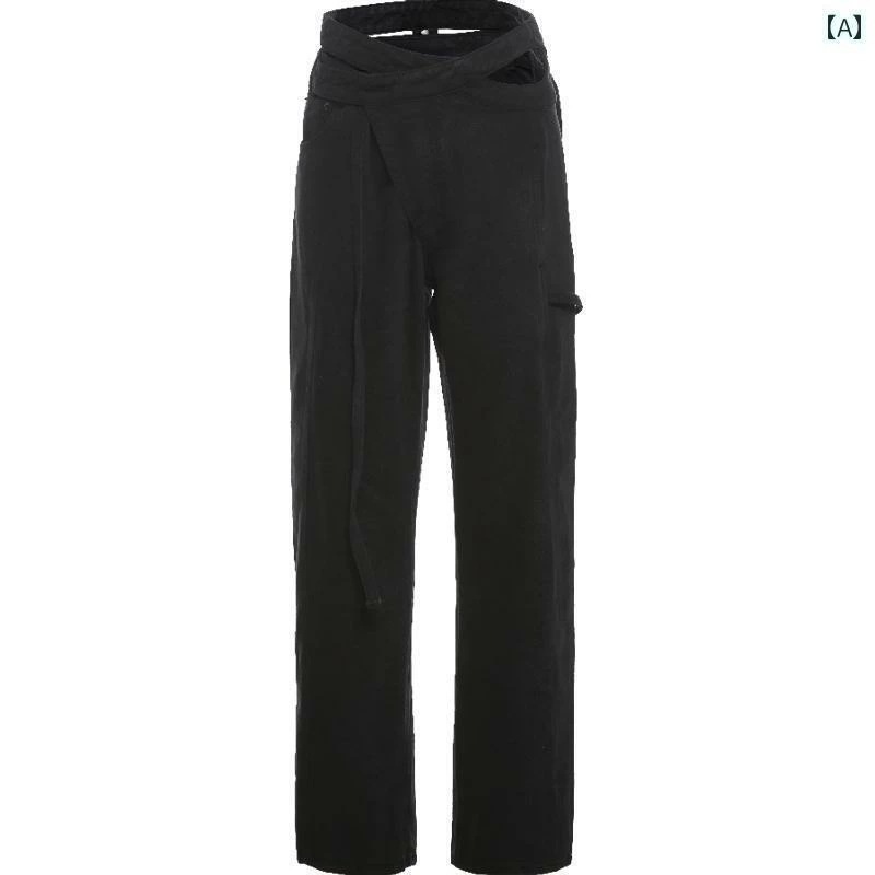 デニム パンツ レディース ハイウエスト ジーンズ ストレート ボトムス 長ズボン カジュアル スリム 着痩せ 体型カバー ロング丈 クロス ボタン ポケット ストリート ヒップホップ ダンス 練習