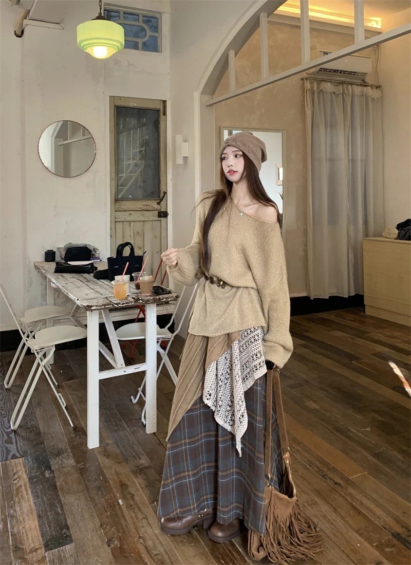 25 2点セット長袖レディース モヘアニット×スカートロング丈ハイウエストタイトム おしゃれ韓国系カシミヤトップスボトムスシルエットゆったりお出かけ休日ショート可愛いフェミニンファッション