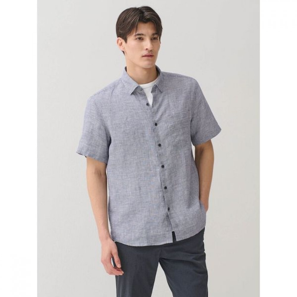 [ギャラクシーライフスタイル] リネンハウンズトゥース半袖シャツネイビー (GC4465M14R)