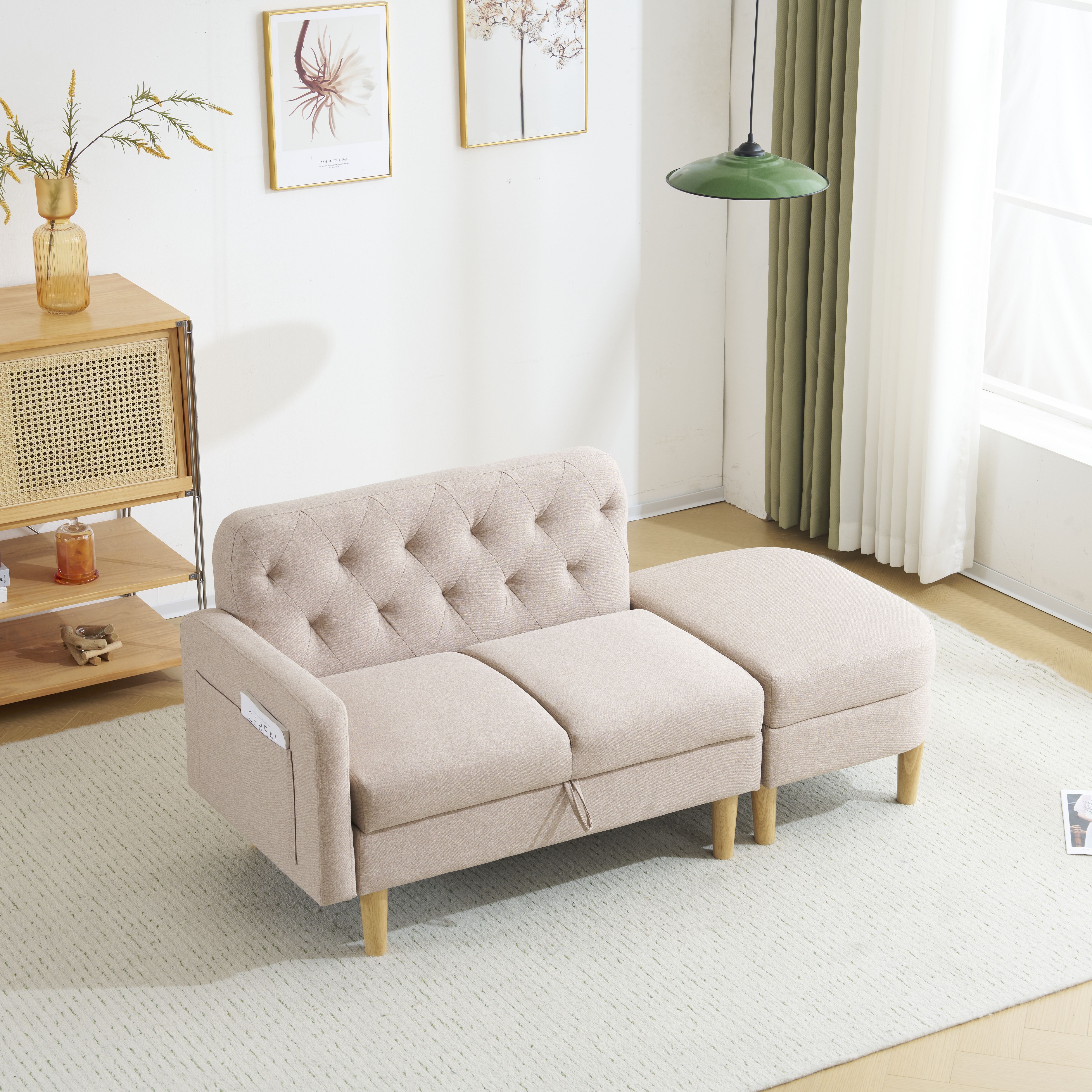 【大好評！最安値挑戦!】ソファ 2-3人掛け カウチソファ 収納機能 左右に使える片肘 オットマン レイアウト ローソファ コーナーソファー l字ソファーGG523 khaki FabricG9