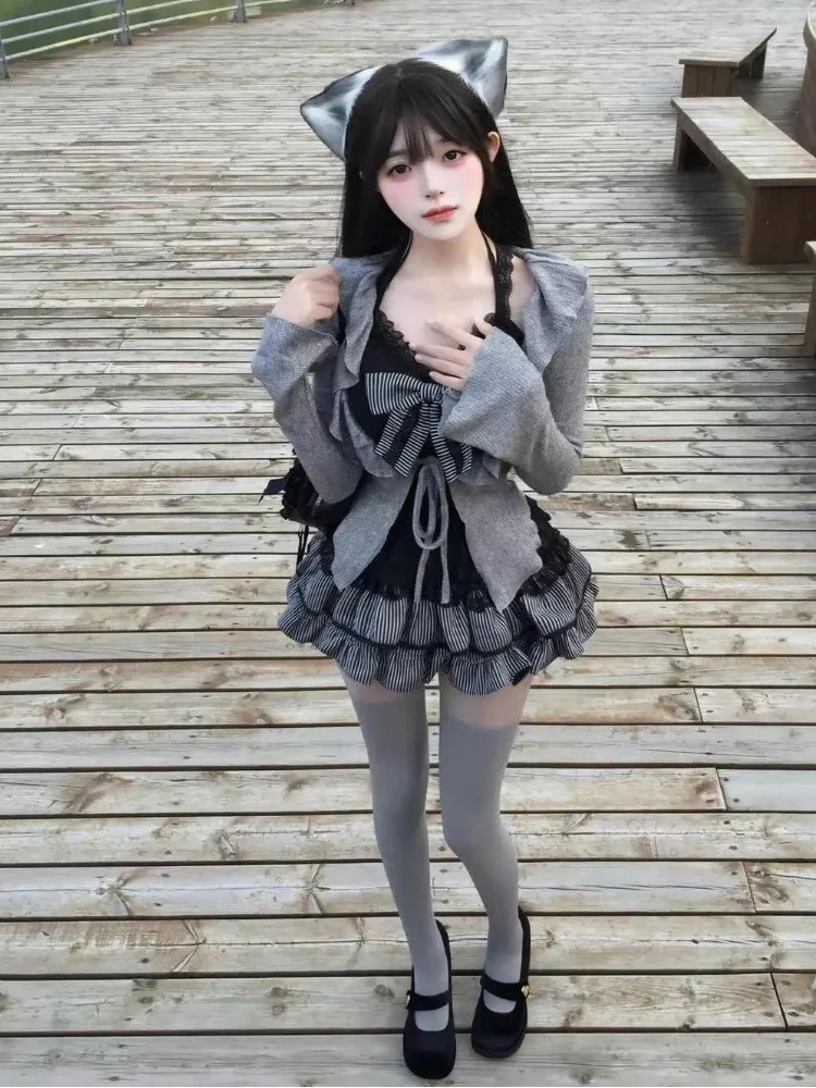 日本のロリータスタイルの女性用3点セット,フリルレースアップカーディガン,ストラップレスベストトップ,ケーキスカート,カワイイセット,冬,新品,2024 - 200000345