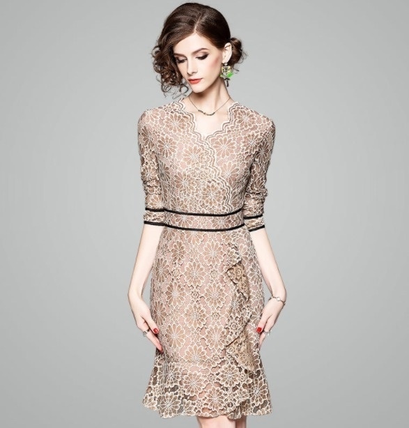 パーティードレス 花柄 レース 総柄 長袖 フレアドレス スカラップ ウエスト切り替え ステッチ 透け感 結婚式 二次会 お呼ばれ ワンピース フォーマル 2018年新作 婚活パーティー 披露宴