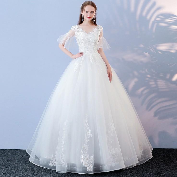 新品は時間限定で買い占めるウェディングドレス 花嫁 ウエディングドレス 白 オフホワイト 格安 半袖 レース ブライダル wedding dress 結婚式 プリンセスラインドレス 二次会 パーティー