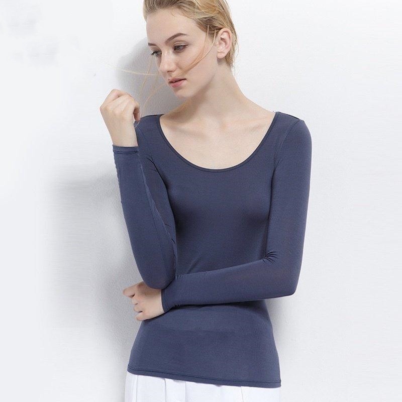 ロングTシャツカットソー女性レディース長袖トップスデコルテジュエルネックお洒落シンプル無地カラバリ着回し力可愛い