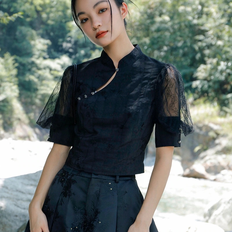 チャイナ風シャツ レディース 切り替え パフスリーブ 夏 黒ブラウス 中華風トップス 少女感up 5,521円