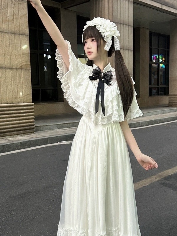 甘いロリータドレス夏の小さな人ホワイトレースロングスカートマインタイ