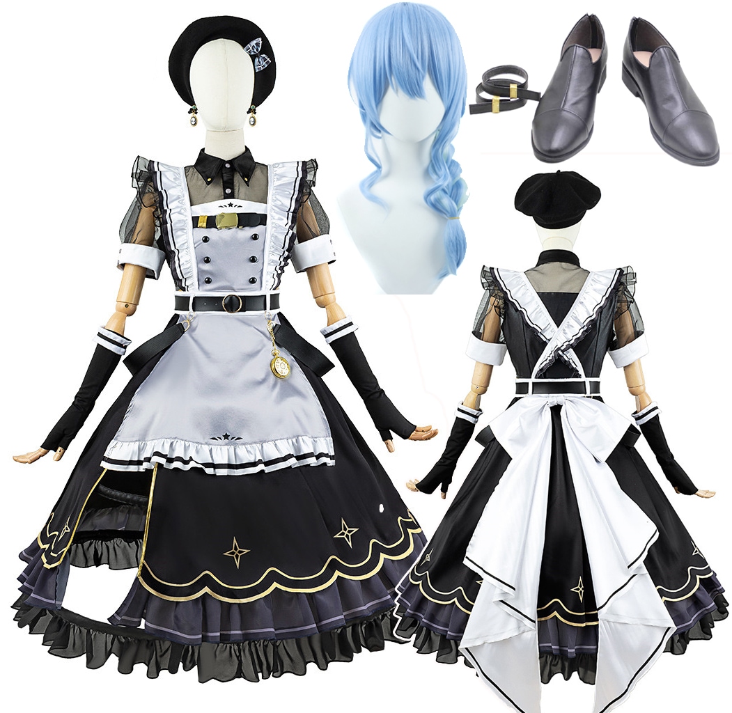 星街すいせい コスプレ VTuber バーチャルYouTuber メイド服 ウィッグ 靴 追加可能 コスプレ衣装 黒 ワンピース ショーパン セットアップ イベント パーティー 変装 仮装 耳飾り付き