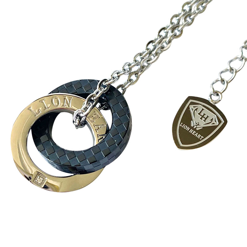 チェッカー柄 ダブルリング ネックレス ブラック 黒 ステンレス メンズ ブランド 彼氏 プレゼント