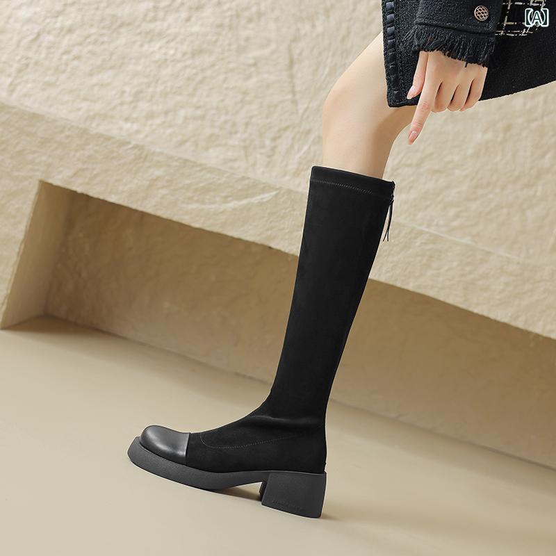 ロングブーツ レディース タイトフィット シンプル おしゃれ スタイルアップ ブーツ スリム ナイト ブーツ 女性 高弾性 ブーツ 女性 厚手 ヒール ブーツ 女性