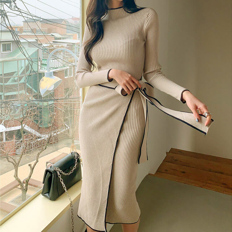 ワンピース レディース ニット バイカラー ウエストマーク タイト リボンベルト きれいめ ミモレ丈 ニットワンピース モックネック