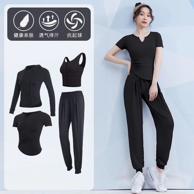 スポーツウェアレディーススポーツウェア4点セットヨガウェアセット女性用おしゃれヨガウェア新しいスタイルモーニングランニングスポーツウェアショートスリーブプロフェッショナルピラティストレーニングジムウェ