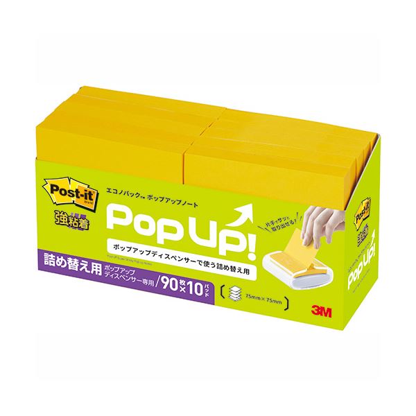 (まとめ) 3M ポスト・イット エコノパック強粘着ポップアップノート 詰替用 75×75mm ビビットイエロー 6541SSPOP-VY1パック（10冊） (×10セット)