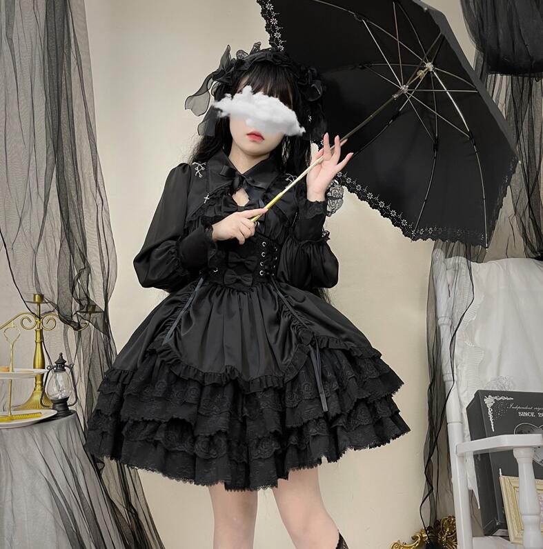 迅速な出荷 ゴシック＆ロリータ ワンピース ジャンパースカート フリル ロリータドレス ゴスロリ ロリータ服 黒 暗黒系 膝丈 ボリューム コスチューム 長袖のブラウス追加購入可 大人 Lolita