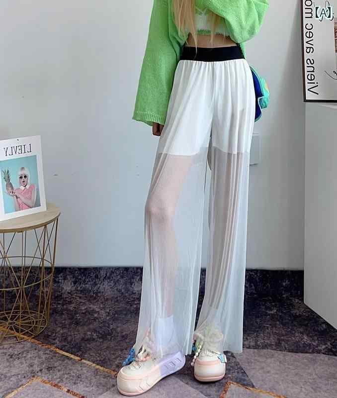 パンツ レディース 春夏 ハイウエスト ワイドレッグ ストレート 快適 カジュアル 旅行 ショッピング メッシュ おしゃれ 薄手 白 黒