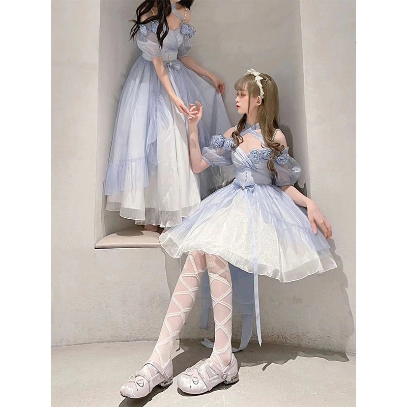 マーメイドプリンセス グラデーションブルーシスターズ衣装 立体ローズロリータエレガントミスプリンセスドレス