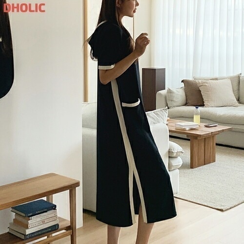 [メガ割りSALE]ニット半袖ロングフード配色ワンピース