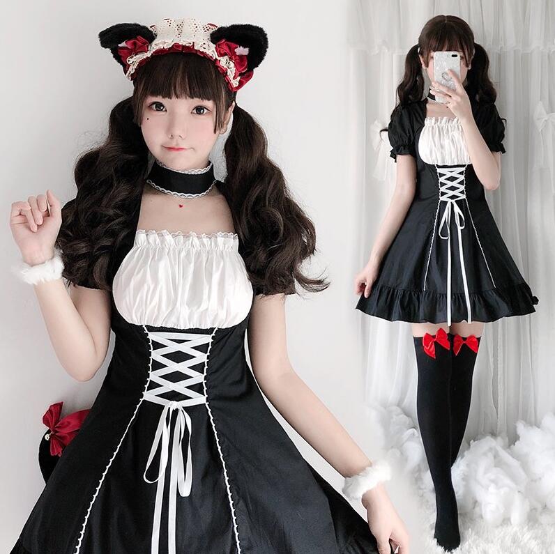 レディースワンピース メイド服 ハロウィン コスプレ衣装 レディース 大人 女子 学生 可愛いメイドドレス 膝丈 ワンピース ショート丈 半袖 裾フリル エプロン カチューシャ ネック飾り 萌え萌え