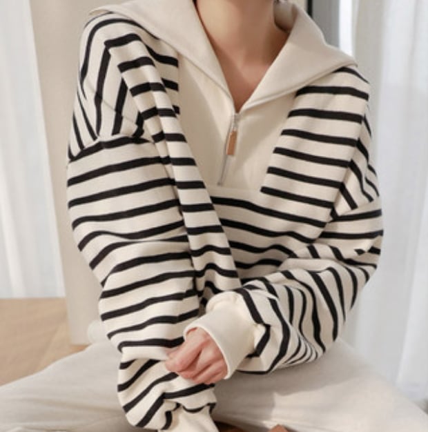 トップス カットソー ニットソー セーター ボーダー 袖あり 長袖 ゆる ホワイト きれいめ シンプル カジュアル 大人 上品 おしゃれ 主役級 存在感 春 秋 冬 10代 20代 30代 個性的