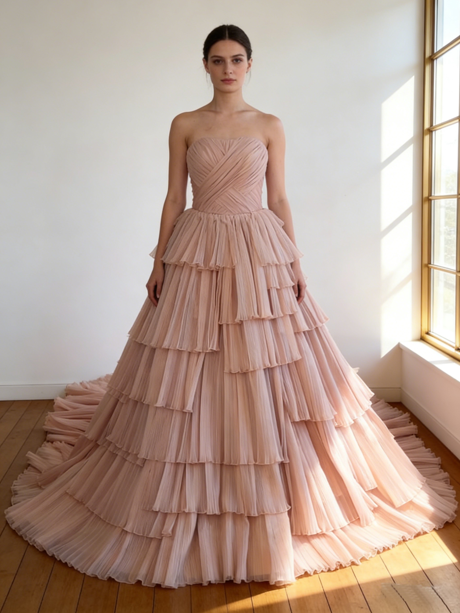 カラードレス ピンク ビスチェドレス 編み上げ アシンメトリー風 スリット 華やかなトレーン 花嫁 前撮り