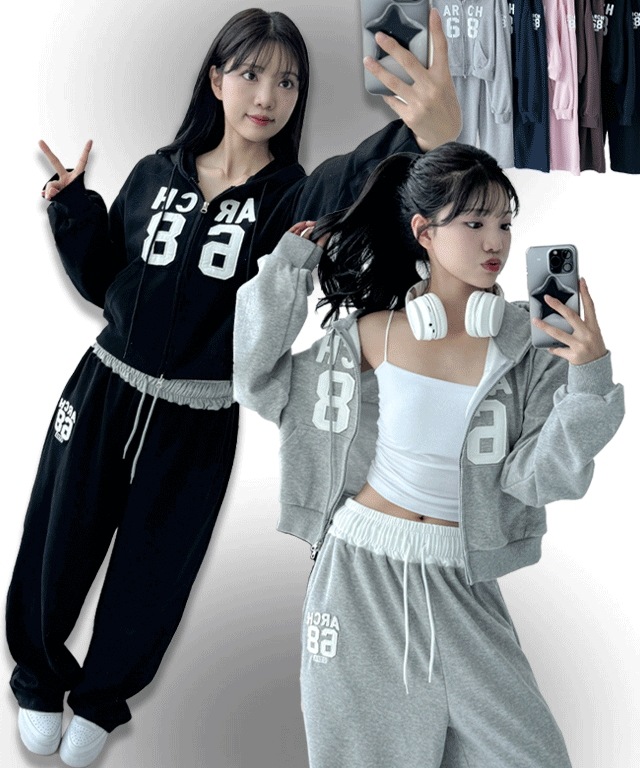 [2way] パッチ レタリング ツーウェイ パーカー ジップアップ パンツ セットアップ セット - 4color