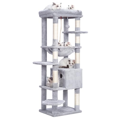 Heybly キャットタワー 大型猫用 多頭飼い 超スリム 省スペース 登りやすい ハンモック キャットハウス 大型見晴らし台 麻紐 爪研ぎ棒 高さ153cm ライトグレー HCT050W