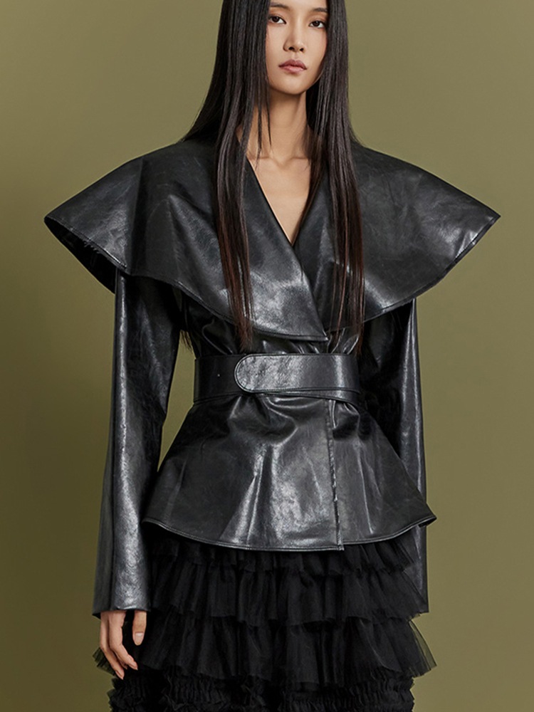 J9261 レザー ワイド ショールカラー シングル ジャケット(ベルトセット)