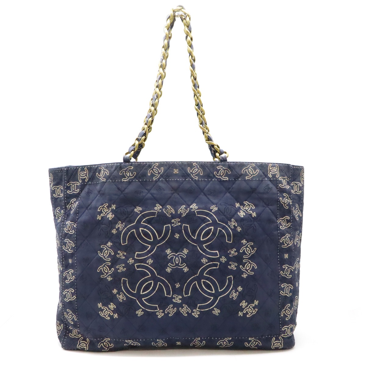 ココマーク トートバッグ チェーンショルダー コットン ブルー 青 ホワイト 白 ゴールド金