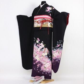 レンタル最大20日間 振袖 レンタル 成人式 セット20点フルセット黒 ブラック 紫 パープル 桜 小槌成人式から結婚式やフォーマルまで 34,650円