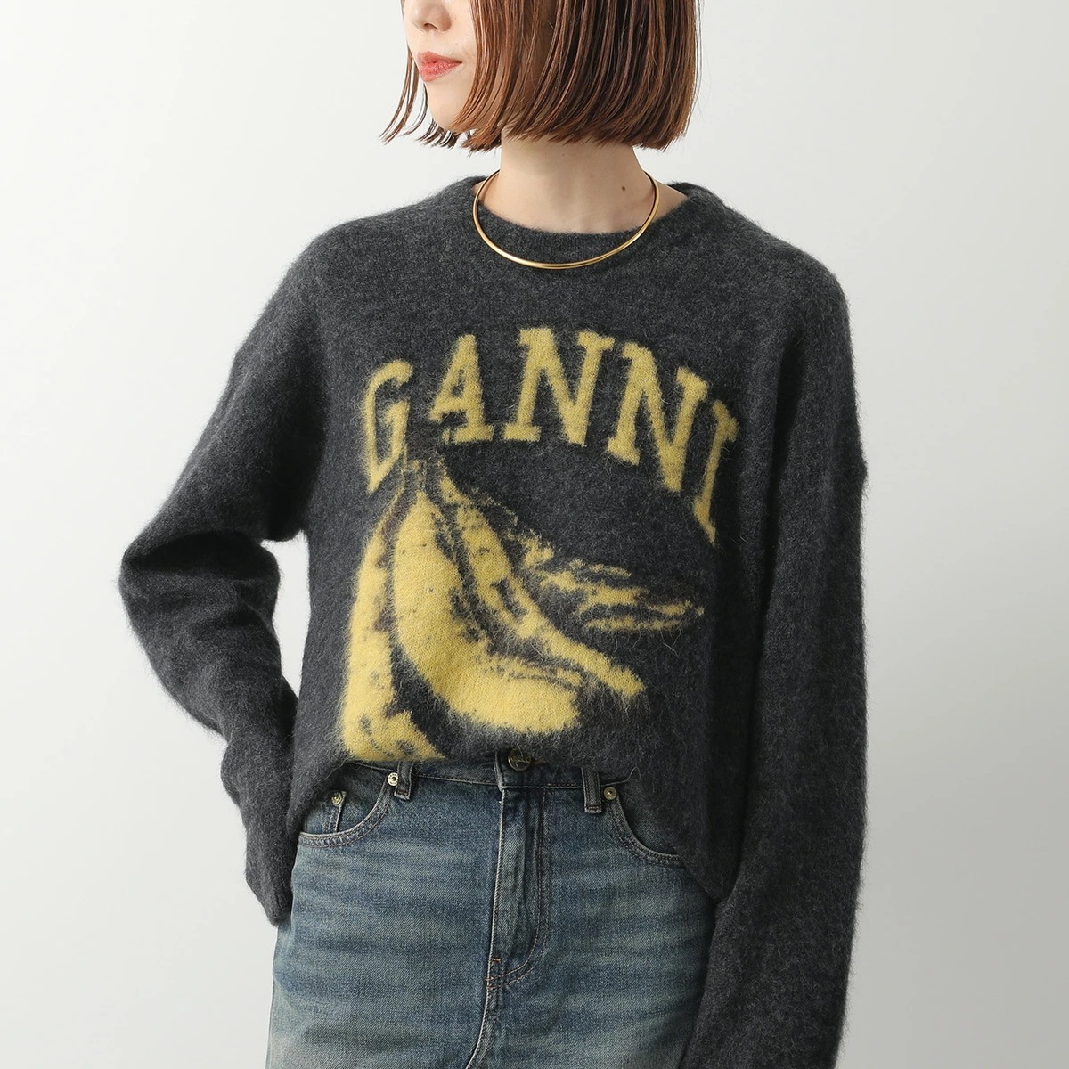 GANNI ガニー ニット Fine Brushed Alpaca Banana Oversized O-neck K2516 2690 レディース バナナ ロゴ アルパカ混 セーター 長袖 252/ 39,439円