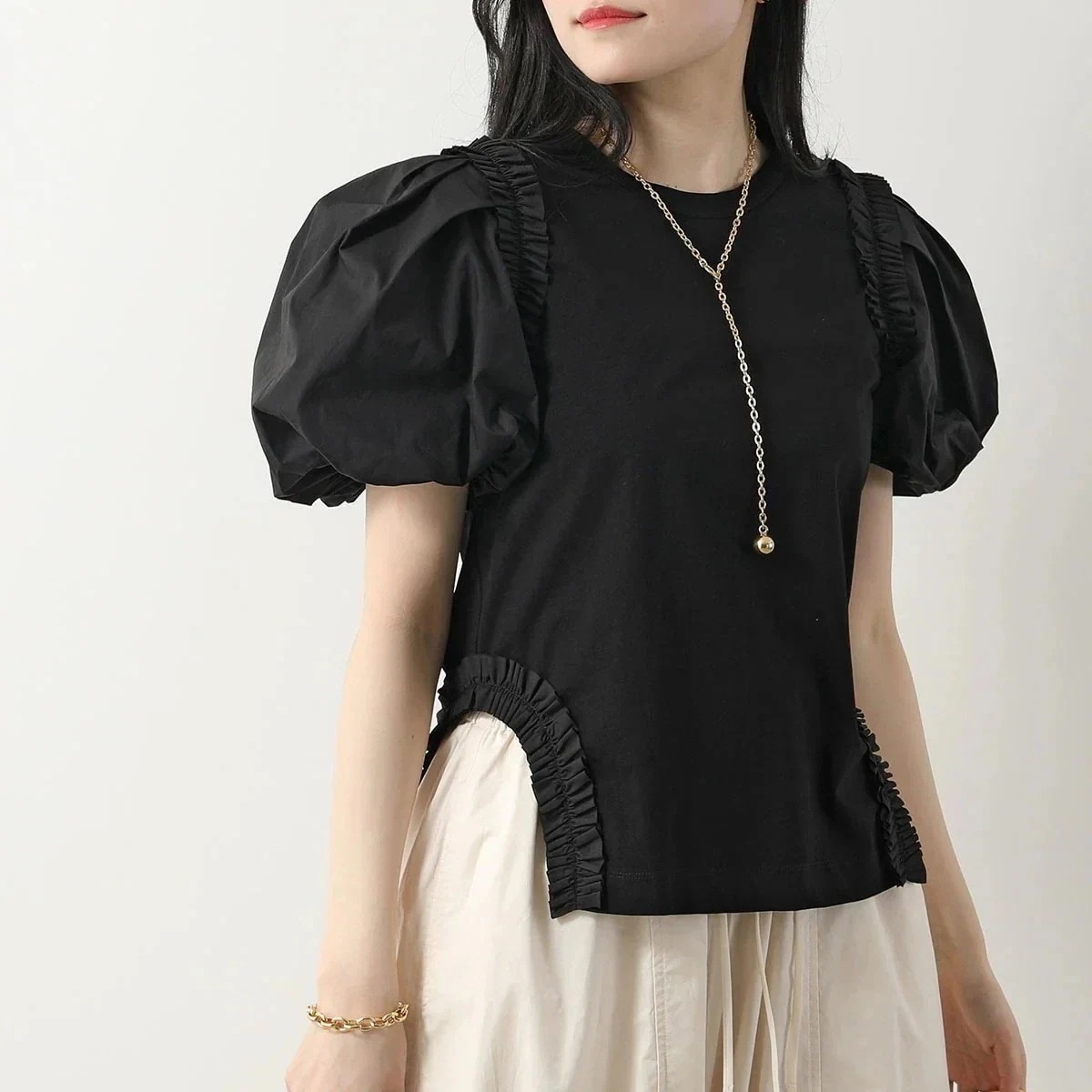 MEIMEIJ メイメイジェイ カットソー M4EX10 レディース 半袖 クルーネック Tシャツ パフスリーブ フリル コットン カラー2色 【mega】