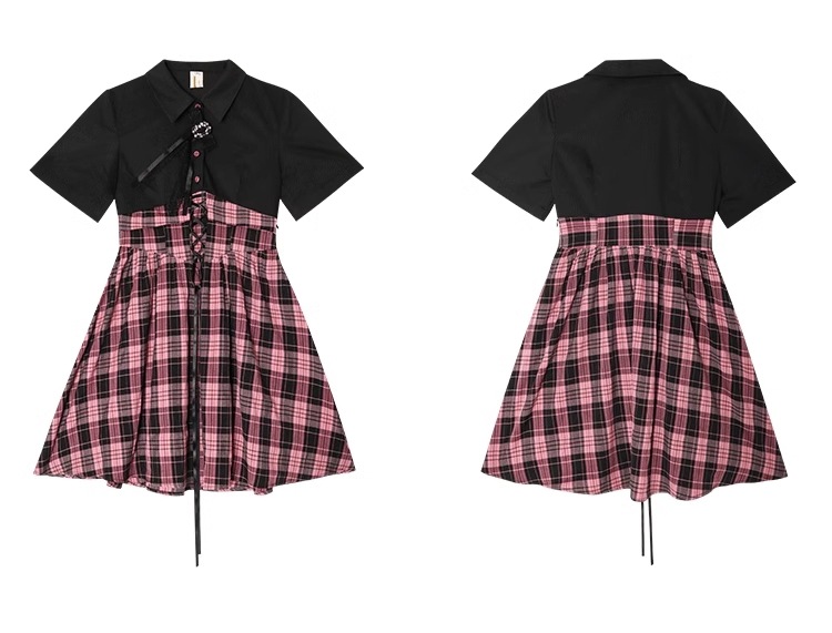 カレッジ風 ドレス 女性 チェック柄 シャツ スカート 個性的 ワンピース ミニ ミニ丈 ショート ショート丈 袖あり 半袖 かわいい おしゃれ お洒落 無地 チェック柄 春 夏 10代 20代