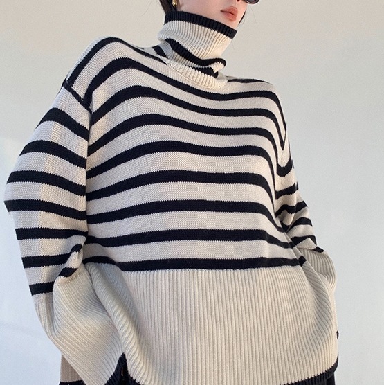 ルーズニットセーター カジュアルニットセーター オーバーサイズトップス ハイネックニットセーター トップス ニットソー セーター プルオーバー 袖あり 長袖 萌袖 ハイネック ワイド Iライン