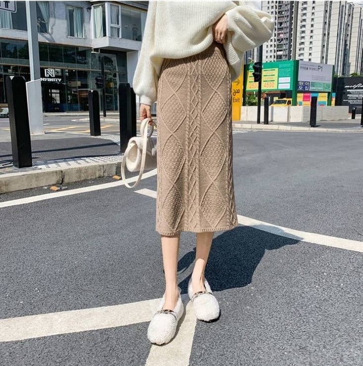 ケーブルニットスカート ロング丈ニットスカート ミディアム丈スカート ニットタイトスカート スカート ロングスカート タイトスカート ニットスカート 膝下 ロング ロング丈 7分丈 ミディアム丈