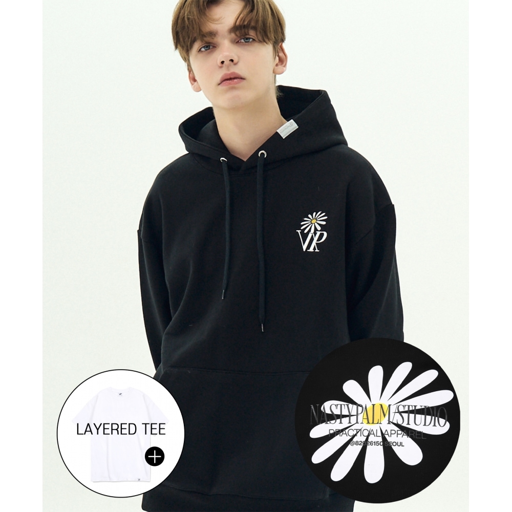 NASTY PALMアートフラワーロゴフードTシャツブラック