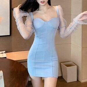 ワンピース タイトワンピース メッシュ シフォン シースルー 重ね着風 ドレスワンピ ミニ丈 ひざ上 袖あり 七分袖 Vネック パフスリーブ スリム Aライン レース メッシュ チュール 透け感