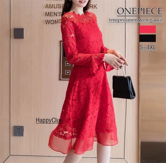 長袖 春秋 レースワンピース おしゃれ ミモレ丈ワンピース Aライン パーティードレス 結婚式 ワンピース レディース きれいめ 二次会ワンピース お出かけ レース おしゃれ フレア袖 春 秋 フォー