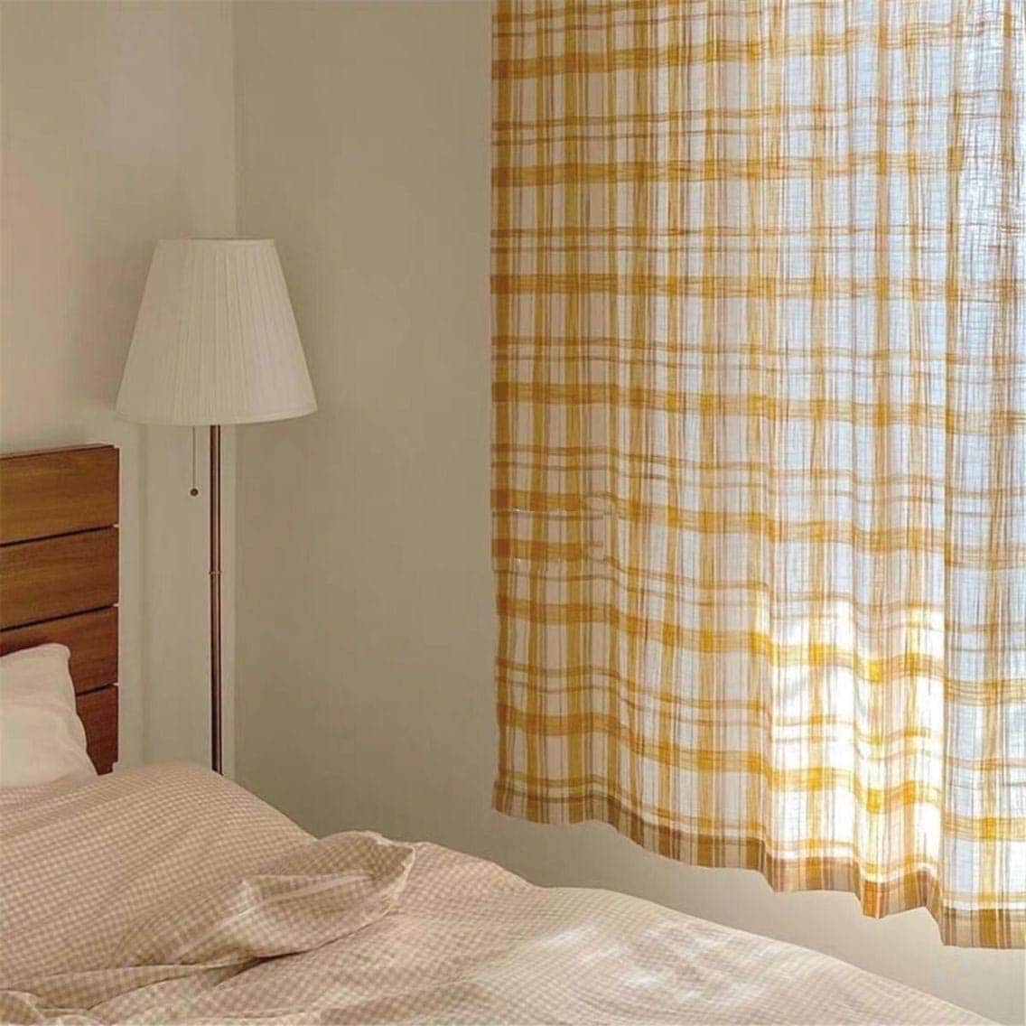 イエローチェック　綿カーテン 間仕切りカーテン 洗濯可能