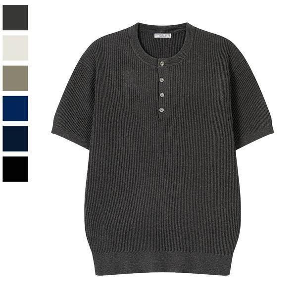 メンズ ベントン リブ リネン ヘンリーネック 半袖 ニット Tシャツ AS KNH Q030 チャコール_P422608958
