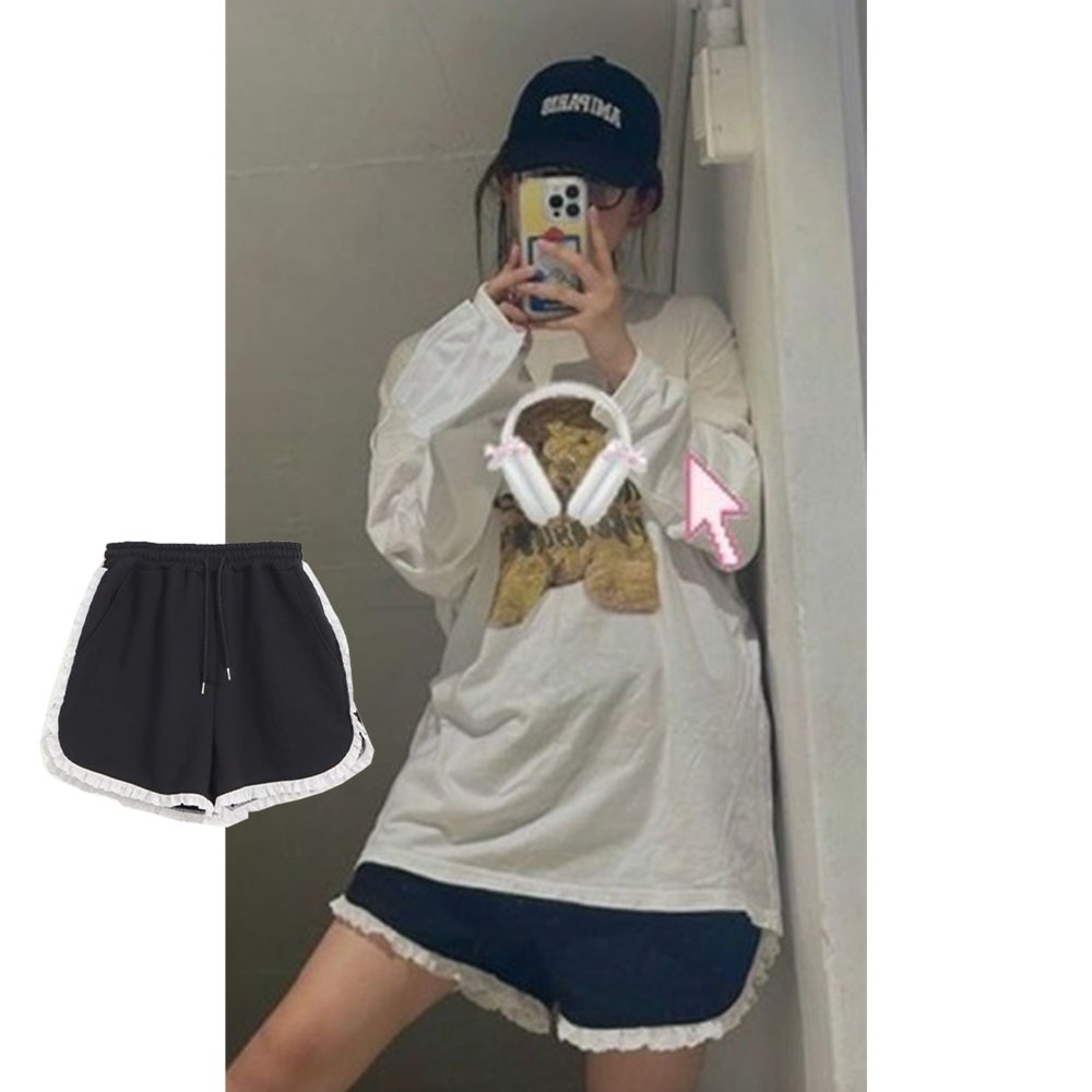 [WJSN EXY 着用!] TORCHON RIBBON LACE SWEAT SHORTS BLACK