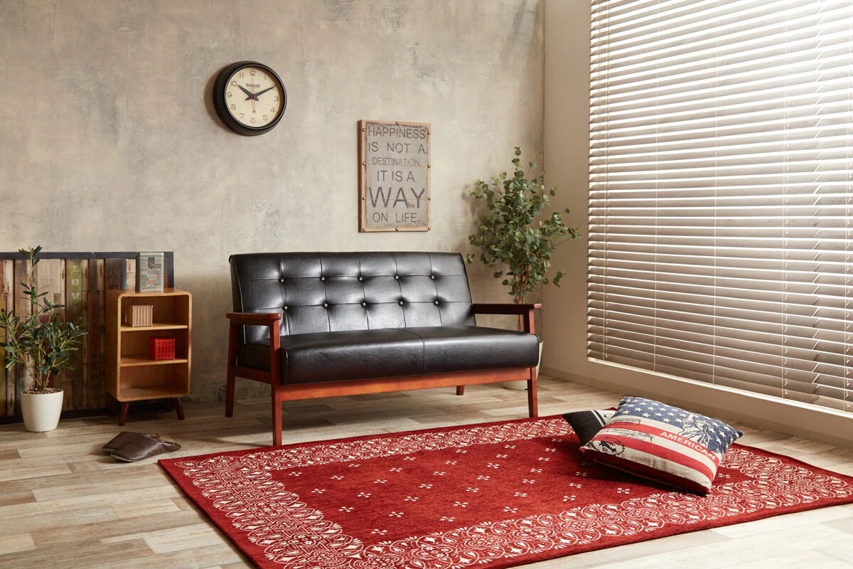 NEW RETRO オリジナル 2人掛けソファ　天然木　バイキャストPUレザー　高さ36cm座面幅115cm座面奥行き50cm　スタンダード