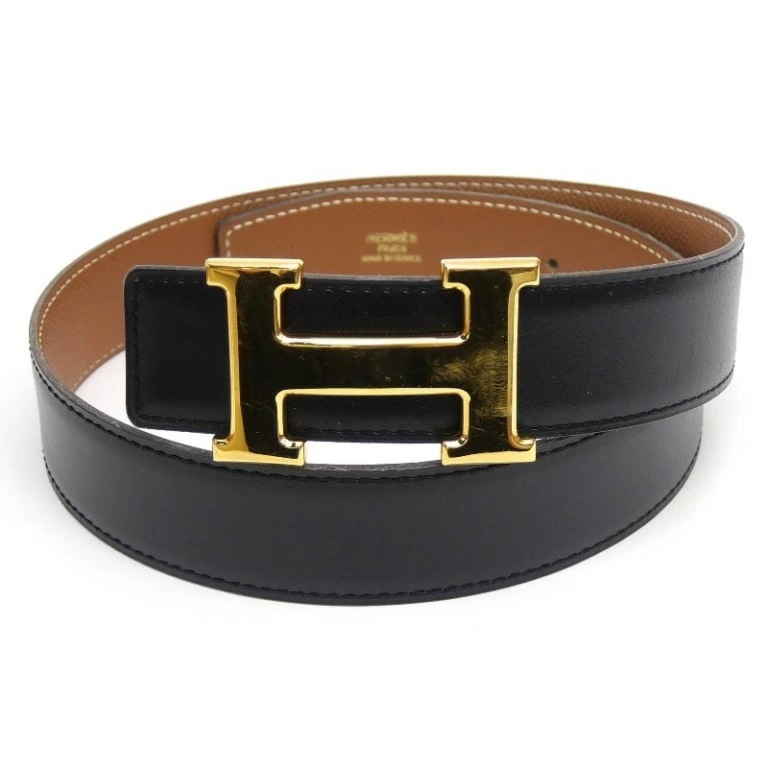 エルメス HERMES コンスタンスベルト Hベルト リバーシブル 65cm A刻印 G金具 黒×ゴールド カーフ×クシュベル 【中古】(67836)