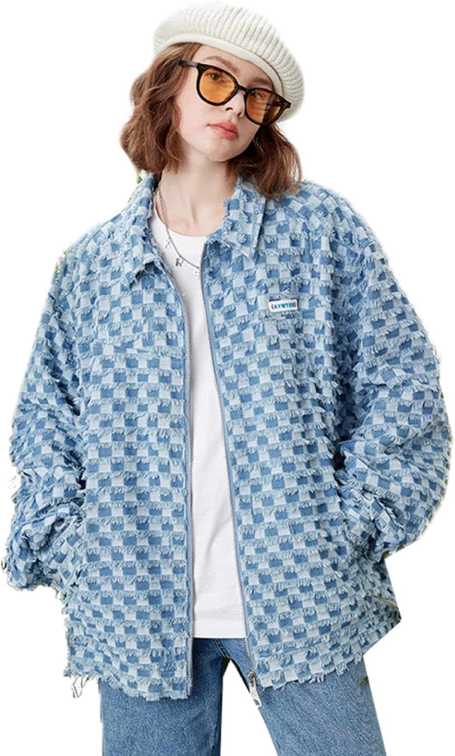 春 折り襟 デニムジャケット チェック柄 ダメージ加工 メンズ お洒落 アウター カジュアル ジャンパー 男女兼用 長袖 羽織り アウトドア 薄手 ジップアップ 軽量 防風 大きいサイズ