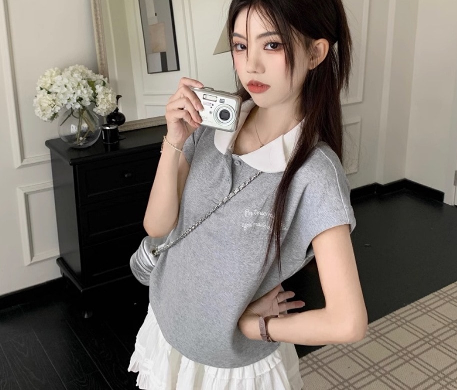 トップス カットソー プルオーバー 袖あり 半袖 5分袖 五分袖 襟付き ストレート ワイド かわいい 大人可愛い きれいめ シンプル カジュアル 大人 上品 おしゃれ お洒落 大人女子 こなれ感