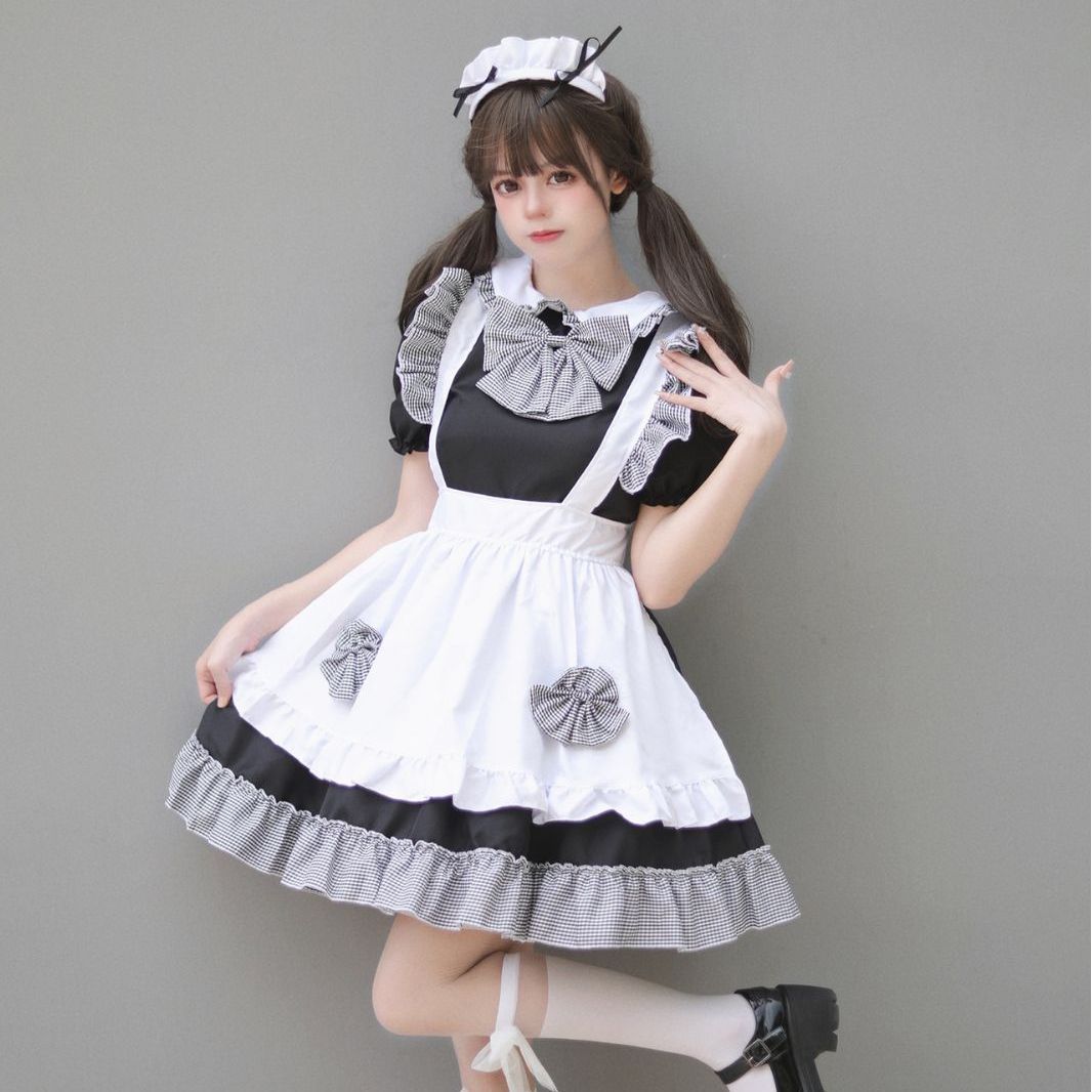 コスプレにゃんこくアニメ新作4点セットメイド服可爱いプリンセスドレス黒白チェック蝶結びメイド系