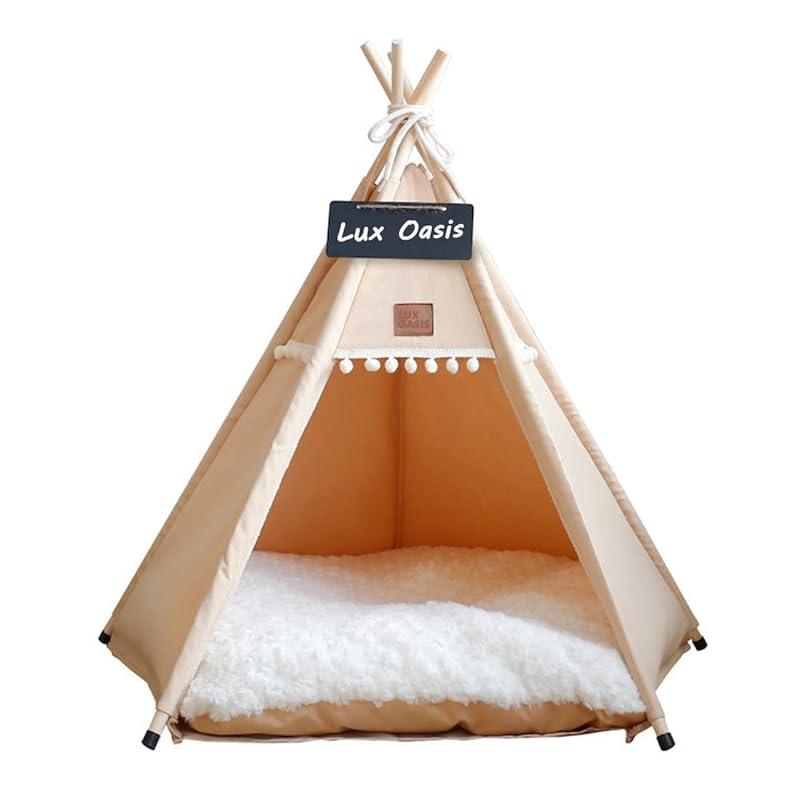 Lux Oasis ペットテント 猫 べッド 犬 ベッド ペット ハウス 夏用 通気性 かわいい 洗える 暑さ対策 クッション付き (S:40*40*50cm, ベージュ)