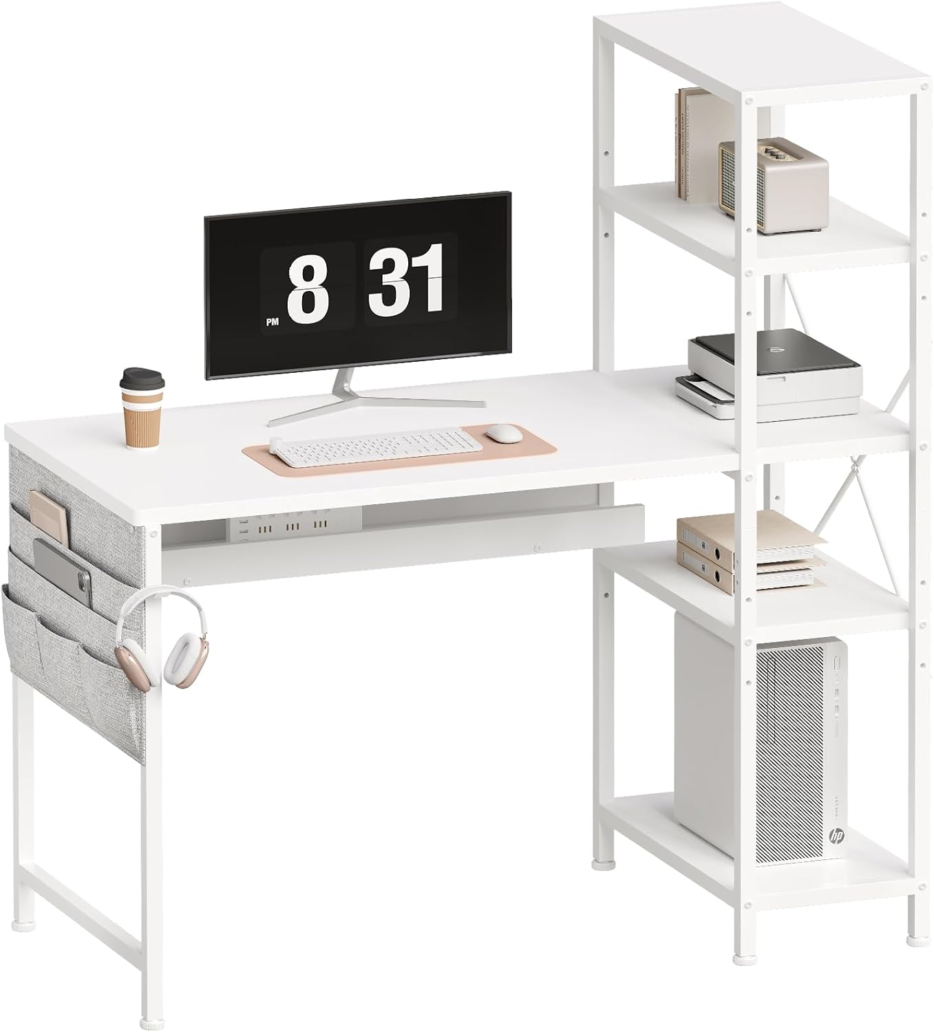 YeTom 勉強机 パソコンデスク 机 ラック付きデスク 幅104cm×奥行48cm ワークデスク オフィスデスク 収納袋付き 学習机 左右入替可 可動式棚板 白い