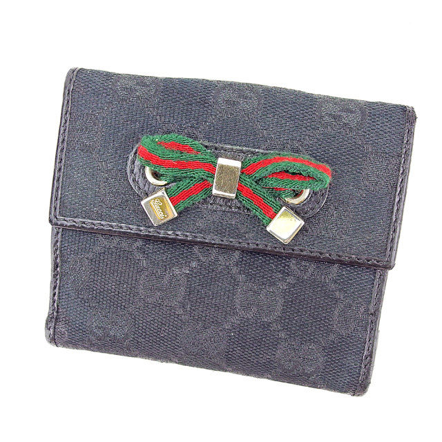 Wホック 財布 二つ折り 財布 ＧＧキャンバス ブラック 中古