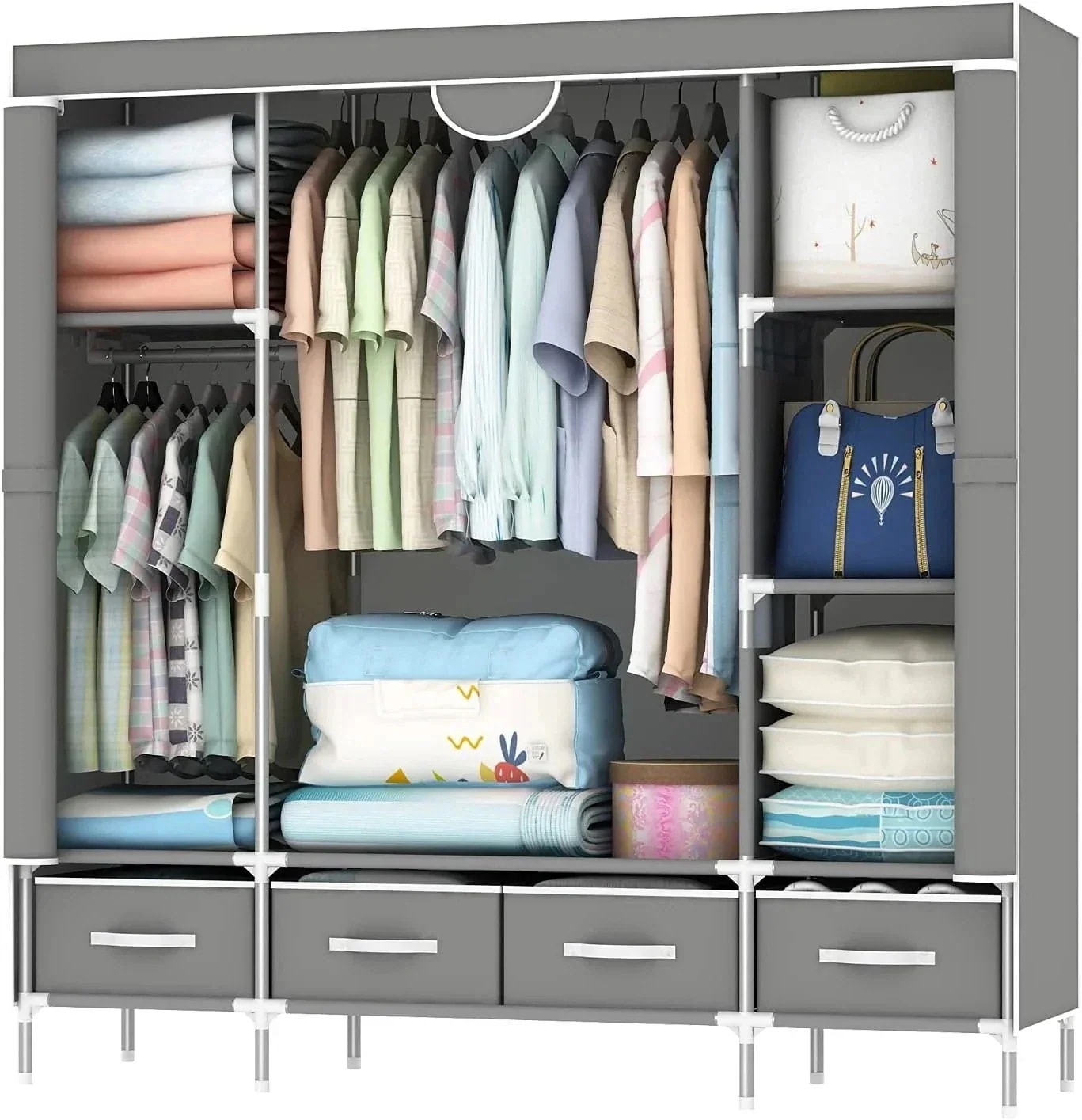 ワードローブカバー付き ワードローブクローゼット 洋服ダンス メタルラック ハンガーラック大容量 シンプルな布製ワードローブ 引き出し4つ付き 防塵 耐用 幅150×奥行45×