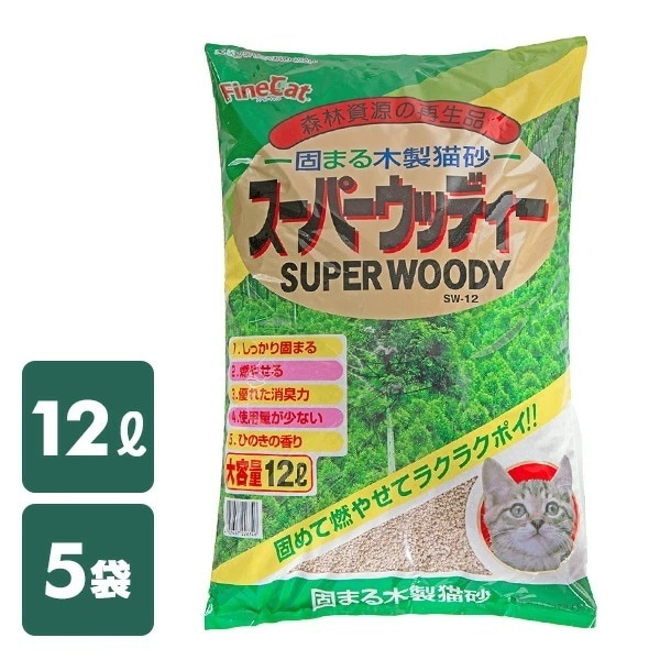 日本製 固まる木製猫砂 ひのき スーパーウッディー 12L×5